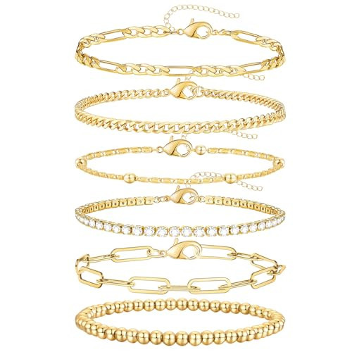 adoyi Gold Bracelets for Women, 14K Gold Plated Stackable Bracelet Stack Set Adjustable Charm Paperclip Chain Cuban Link Layered Waterproof Jewelry Sets Gifts for Womens 6.5 Inch | Amazon (US)