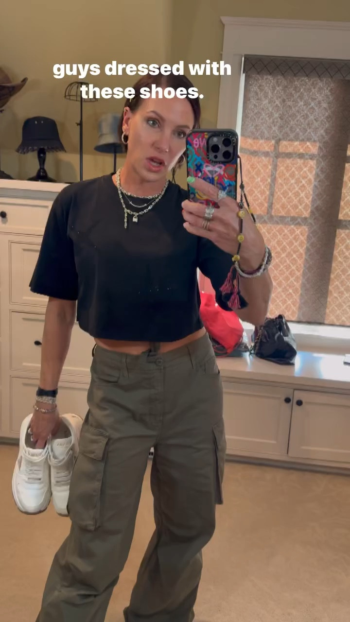 Concert outfit! Wearing green cargo pants- size 25. Black cropped Purple Brand t-shirt- size small. Prada sneakers- size 7.5. Jewelry is from Tiffany’s. 

#LTKVideo #LTKStyleTip #LTKShoeCrush