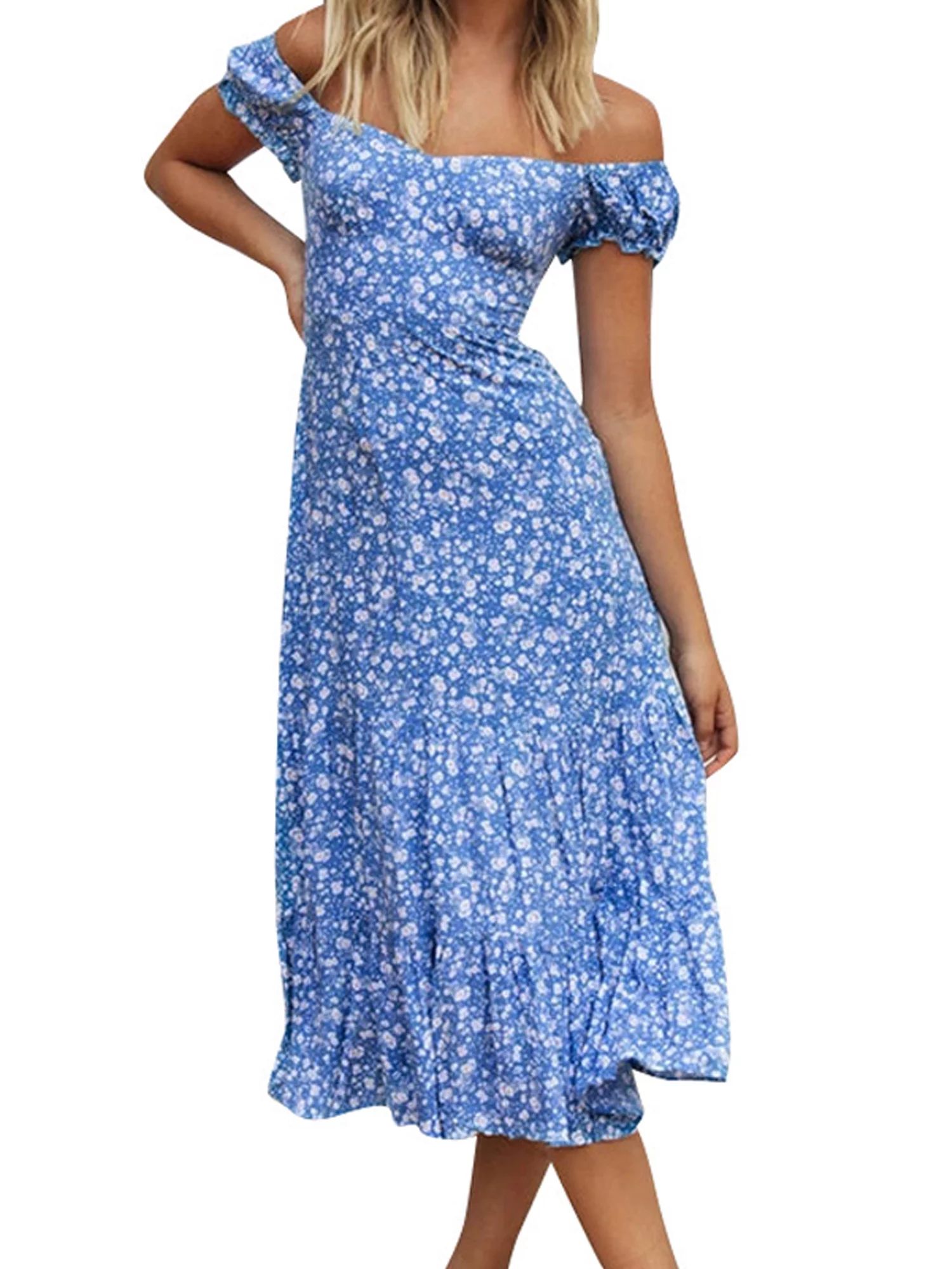 Spring hue Women Floral Off Shoulder Maxi Dress Lady Party Beach Cross Slim Sundress Dress | Walmart (US)