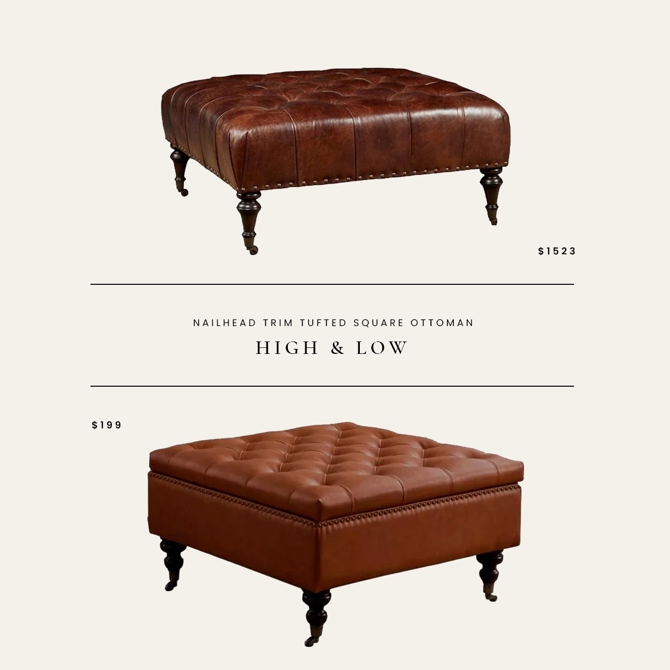 High / Low : Tufted Square Ottoman with Nailhead Trim and Rolling Wheels 

#LTKFamily #LTKHome
