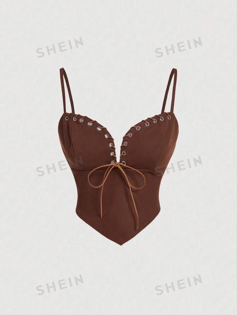 SHEIN MOD Women 70s Brown Metal Eyelet Drawstring Vintage Top,Western Style Cowgirl Top | SHEIN