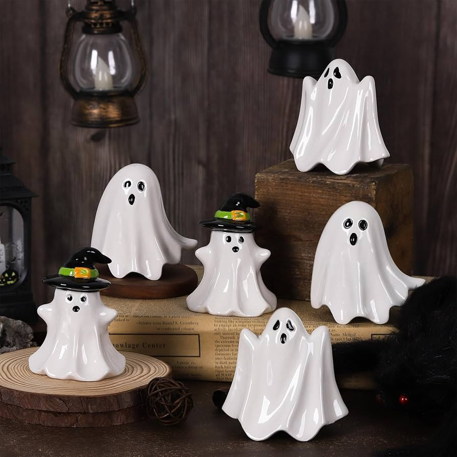 ANLIONYE 6 Pieces Halloween Ceramic Ghost Figurine Cute Halloween Miniatures Decor White Centerpi... | Amazon (US)