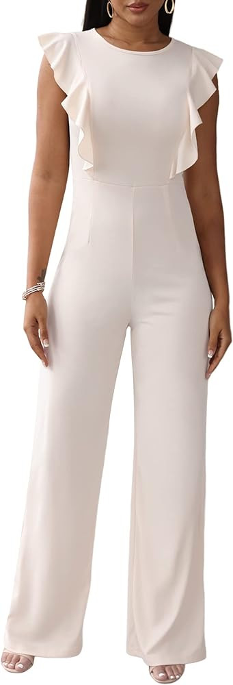 Womens Jumpsuits Romper Crew Neck Ruffle Sleeve High Waist Wide Leg One Piece Casual Outfits | Amazon (US)