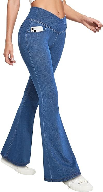 Ewedoos Flare Yoga Pants with Pockets for Women High Waist Stretchy Crossover Leggings Wide Leg B... | Amazon (US)