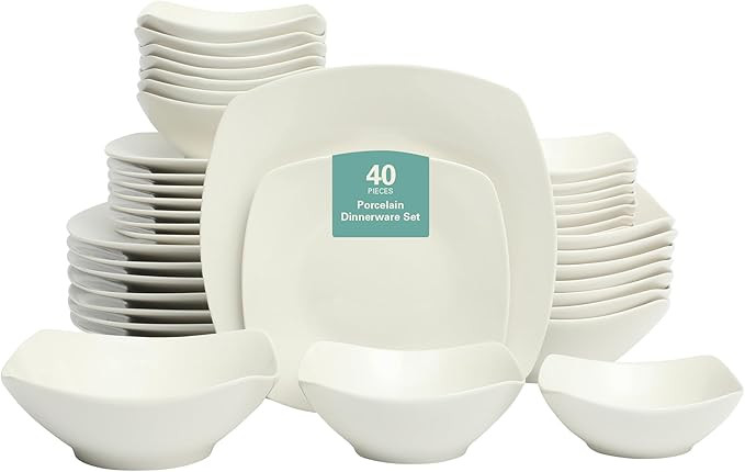 Gibson Home Brentwood 40-Piece Dinnerware Set – Square White Porcelain Plates and Bowls, Servic... | Amazon (US)