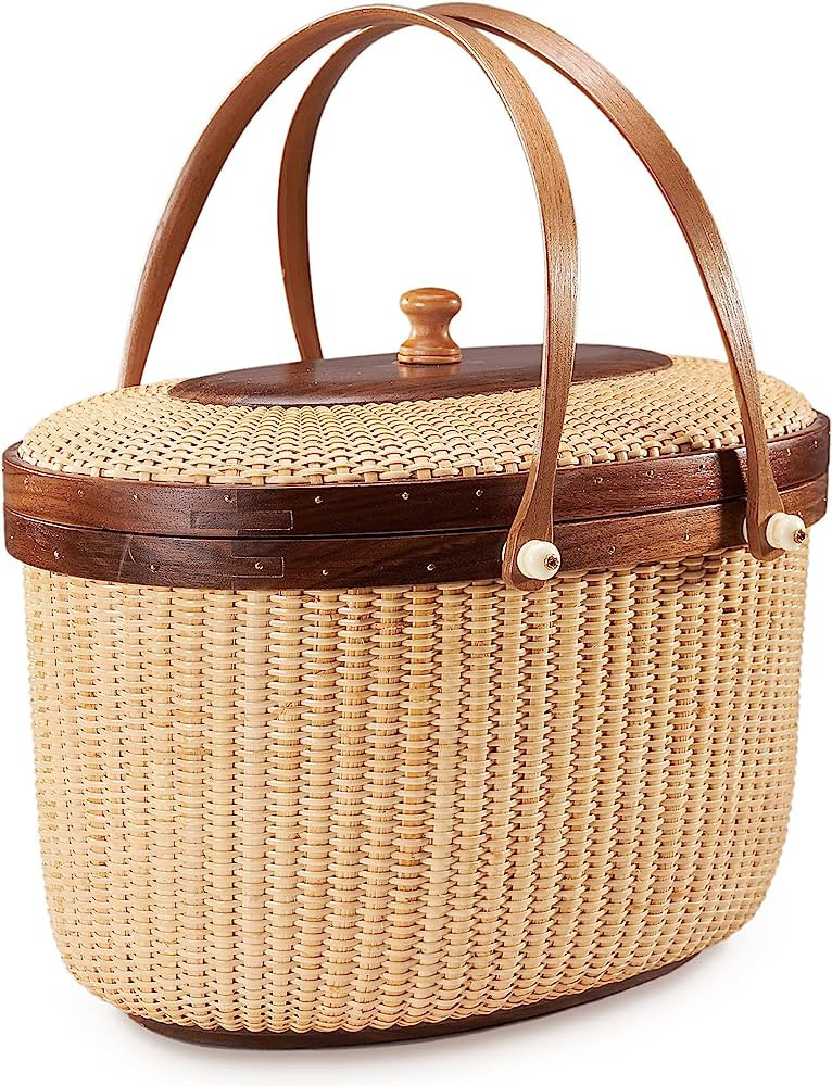 Nantucket basket Picnic Basket rattan Handmade Products woven Sewing kit storage basket Two swing... | Amazon (US)