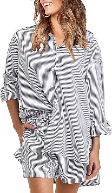 EXLURA Women's Summer 2 Piece Sets Long Sleeve Button Down Shirts Matching Short Sets Beach Vacat... | Amazon (US)