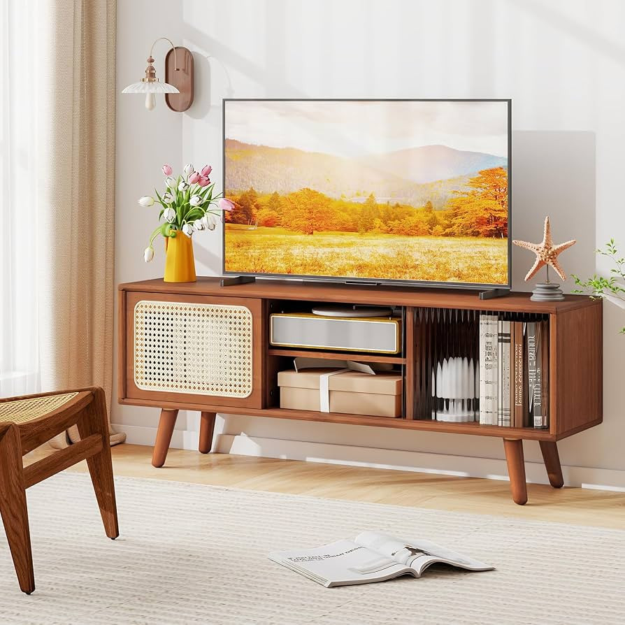 Giantex Bamboo TV Stand for TVs up to 55", Mid Century Modern Entertainment Center w/ 3-Level Adj... | Amazon (US)
