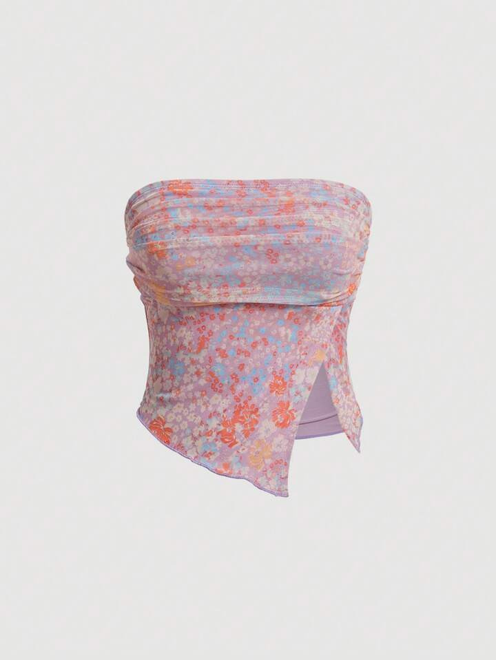 SHEIN MOD Women's Floral Print Pleats Split Design Strapless Top | SHEIN
