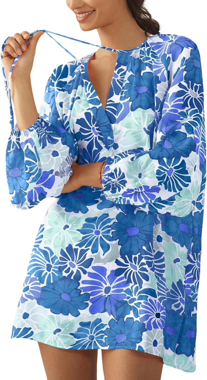 Boho Floral Tunic Dress for Women Long Sleeve Loose Fit Summer Vacation Cover Up Short Dress | Amazon (US)