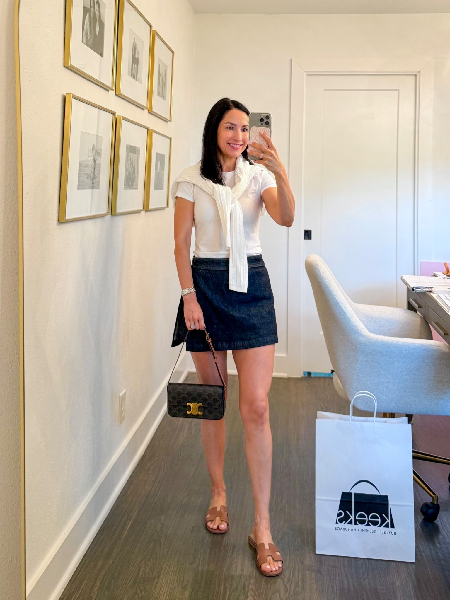 Favorite j crew skort that’s back in stock this spring, also in ecru! Runs big wearing 00. And Abercrombie fitted tee. Celine bag from Keeks Designer Handbags, save $50 on $500+ with code Andrea50. 