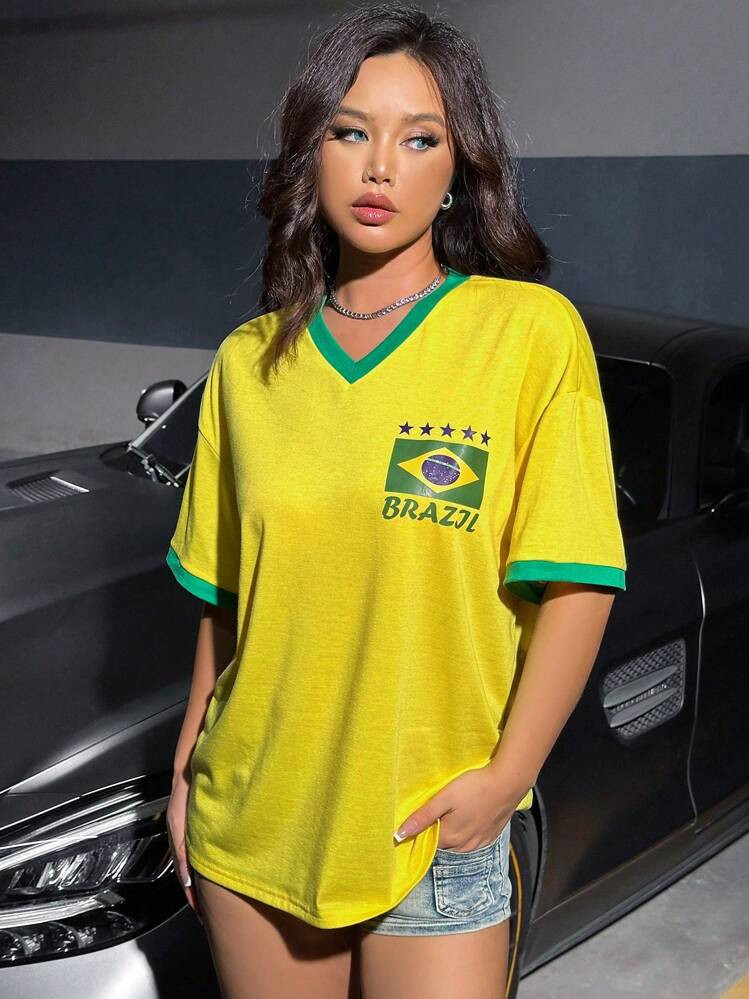 SHEIN HypeZone Color Contrasting Flag And Letter Print Short Sleeve T-Shirt | SHEIN