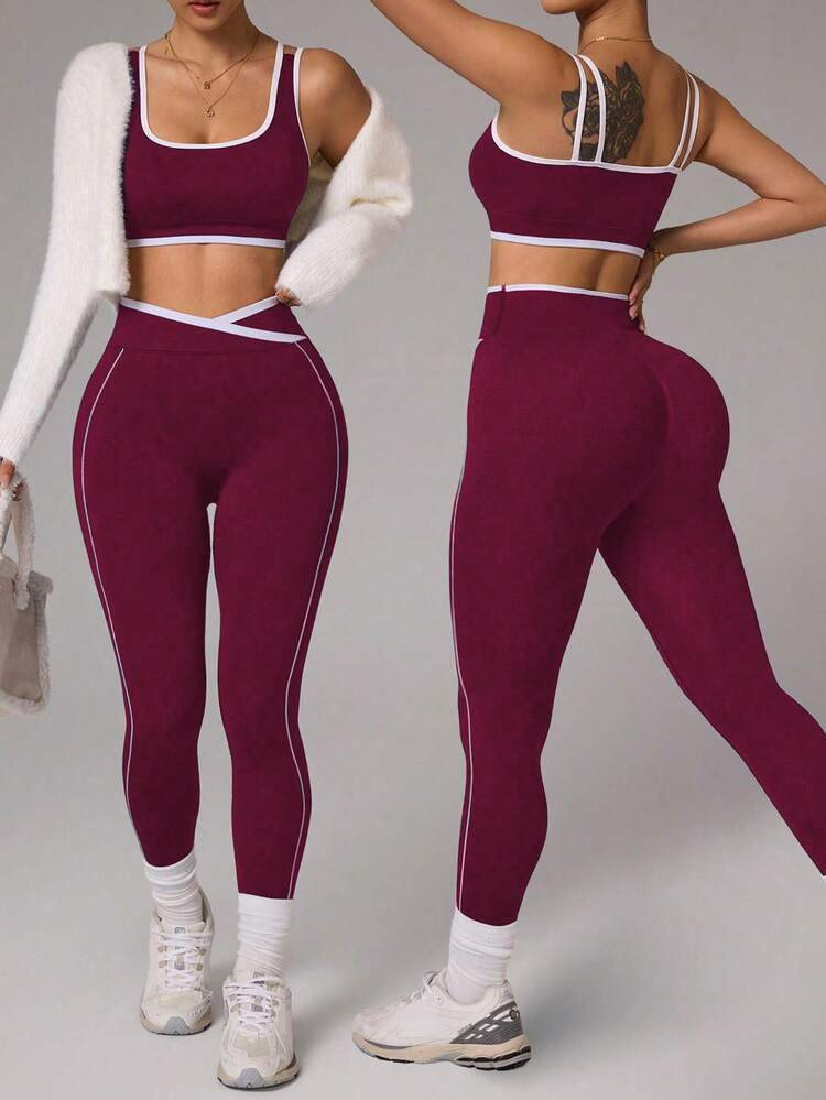 Slayform Seamless High Elasticity Women Crop Top And Leggings Sports Set Yoga Leggings Set 2 Piece Sport Set Matching Workout Set Matching Gym Sets Women Two Piece Set Women Leggings | SHEIN