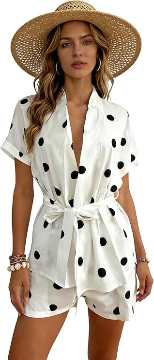 OCUH Polka Dot Set Kimono Top Wide Leg Drawstring Shorts 2 Piece Lounge Set Women Beach Cover Ups... | Amazon (US)