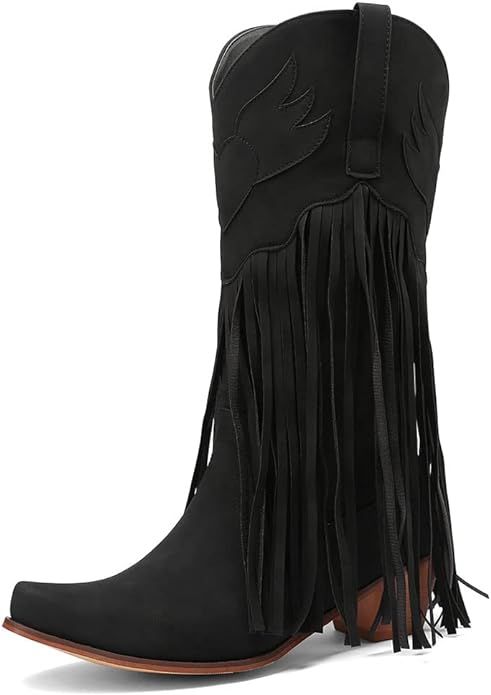 SaraIris Women's Fringe Western Boots Pointed Toe Pull On Chunky Low Heels Cowboys Cowgirls Mid C... | Amazon (US)