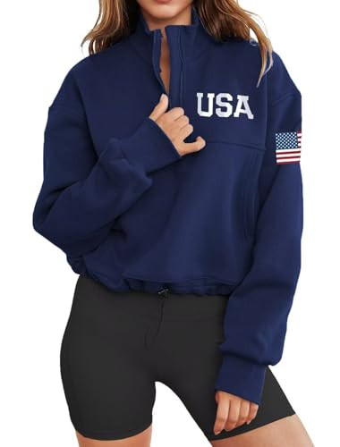 LEEDYA Womens American Flag USA Sweater Half Zip Cropped Pullover Drawstring Quarter Zipper Hoodies Fall outfits Clothes Blue M | Amazon (US)