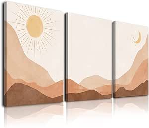 Boho Wall Art Set of 3, Framed Canvas Wall Art Sun Moon Rising on the Mountain Geometric Nature I... | Amazon (US)
