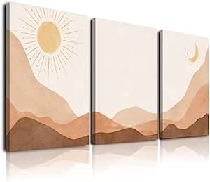 Boho Wall Art Set of 3, Framed Canvas Wall Art Sun Moon Rising on the Mountain Geometric Nature I... | Amazon (US)
