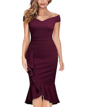 Knitee Women's Off Shoulder V-Neck Ruffle Pleat Waist Bodycon Evening Cocktail Slit Formal Dress | Amazon (US)