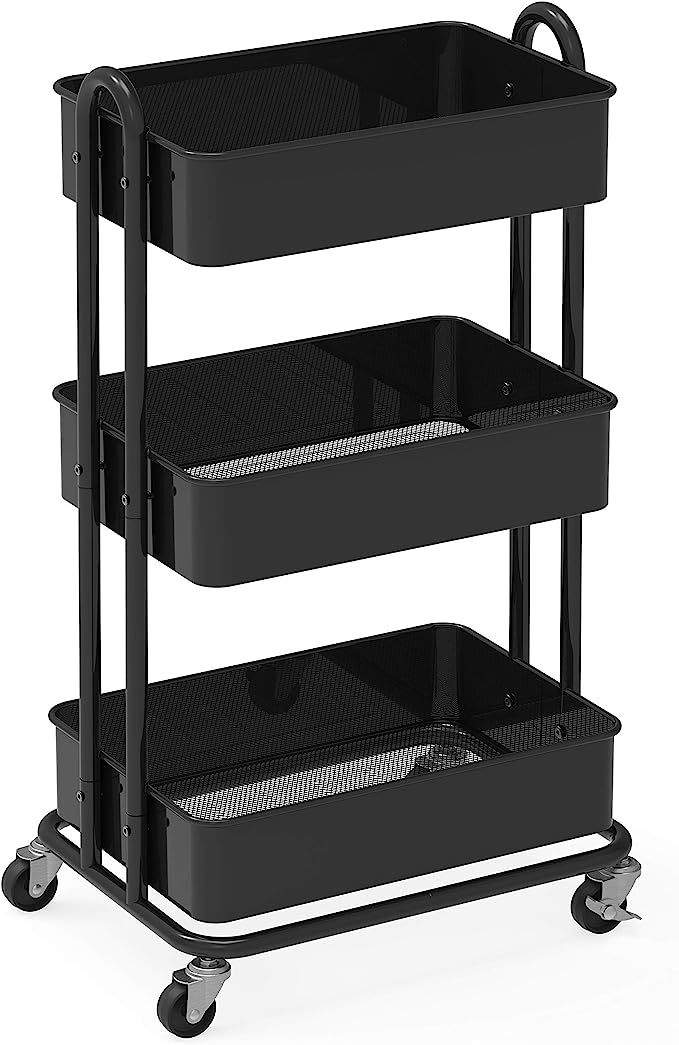 SimpleHouseware Heavy Duty 3-Tier Metal Utility Rolling Cart, Black | Amazon (US)