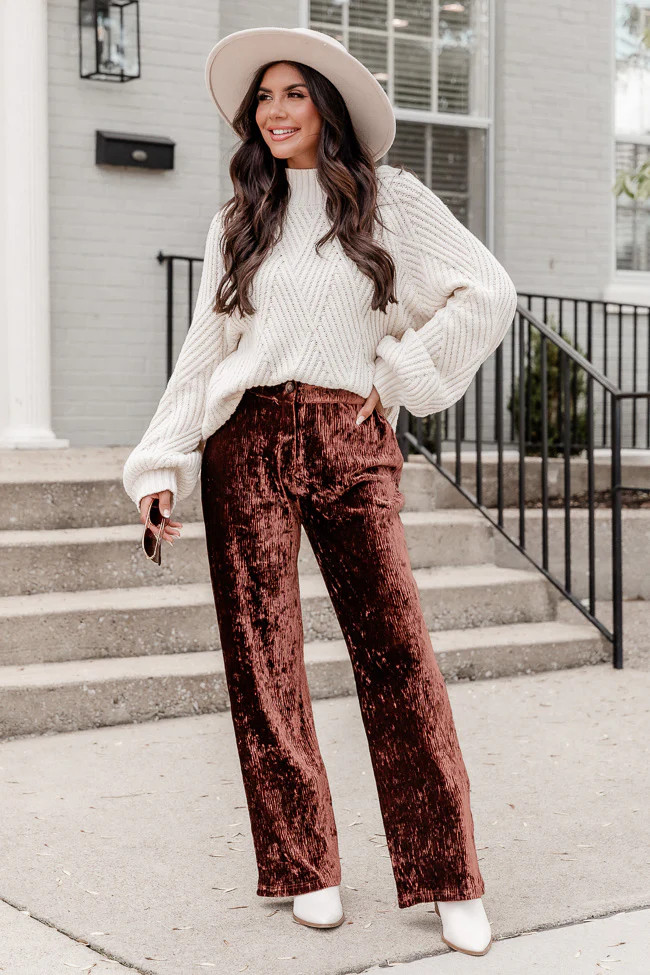 Oh So Lovely Brown Velvet Plisse Pants | Pink Lily