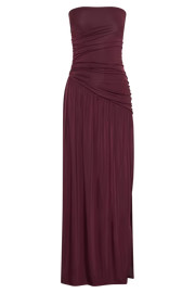 Bex Strapless Slinky Maxi Dress With Split - Burgundy | MESHKI US