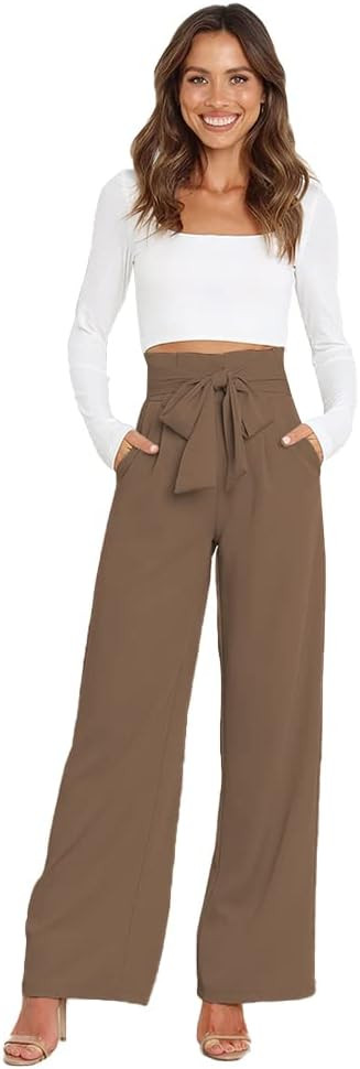 ABAFIP Women's High Waist Wide Leg Pants Business Work Office Casual Flared Palazzo Long Pants Be... | Amazon (US)