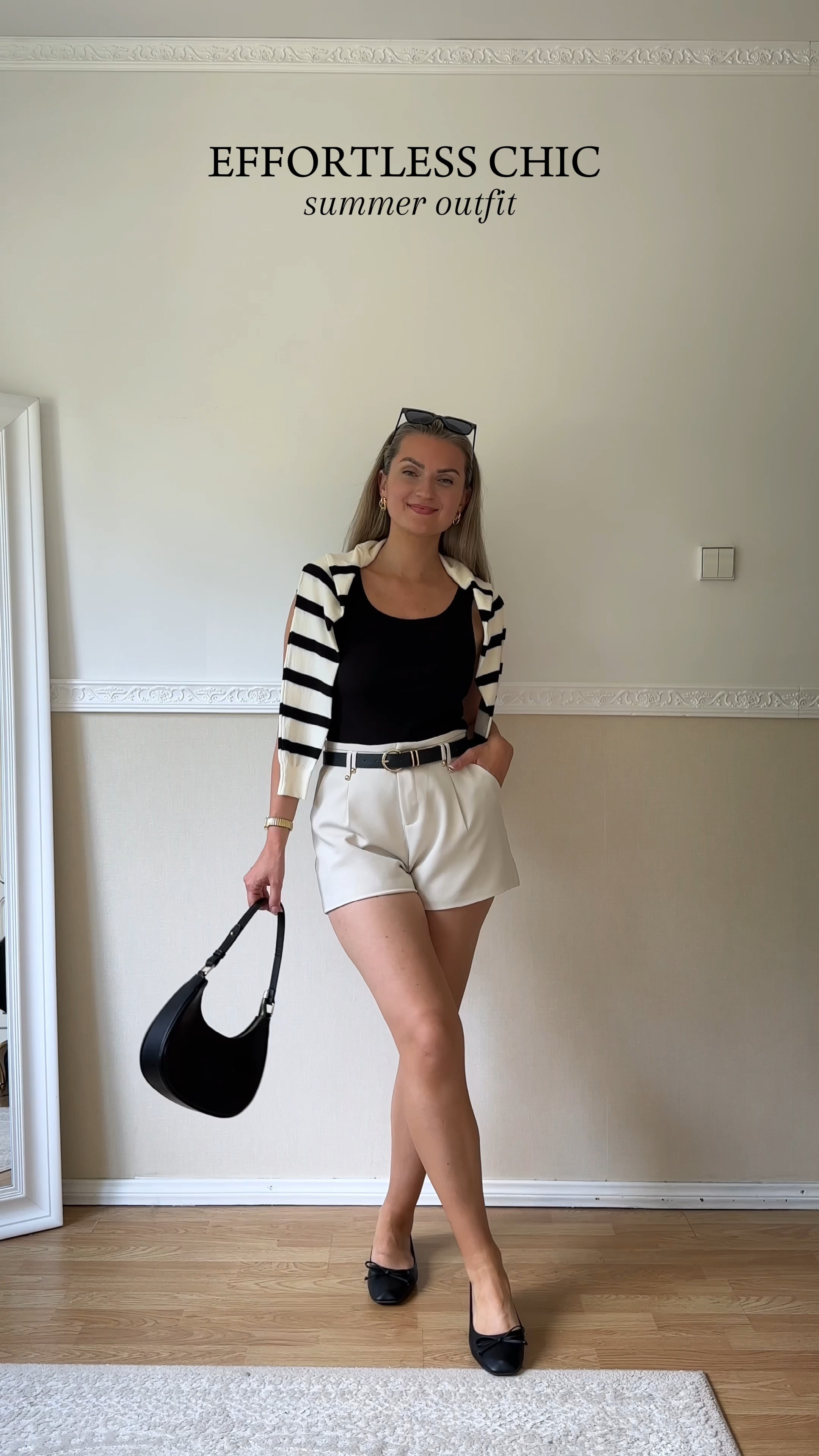 Black & cream outfit 🍦🖤
I think that good basics make a great outfit! Do you agree?

Styling my favorite classic tailored shorts from @chicwish with a black tank top, light striped sweater, black ballet flats, mini shoulder bag and a black belt for an effortless chic look 🥰

I think this outfit is easy to recreate, I hope you like it 🫶

#LTKWorkwear #LTKStyleTip #LTKFindsUnder100