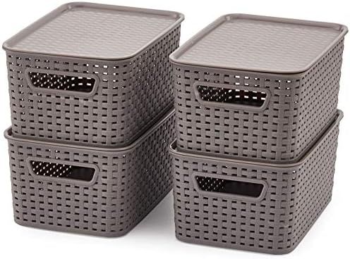 EZOWare Pack of 4 Small Plastic Baskets with Lid, Stackable Lidded Knit Storage Organizer Bins Pe... | Amazon (US)