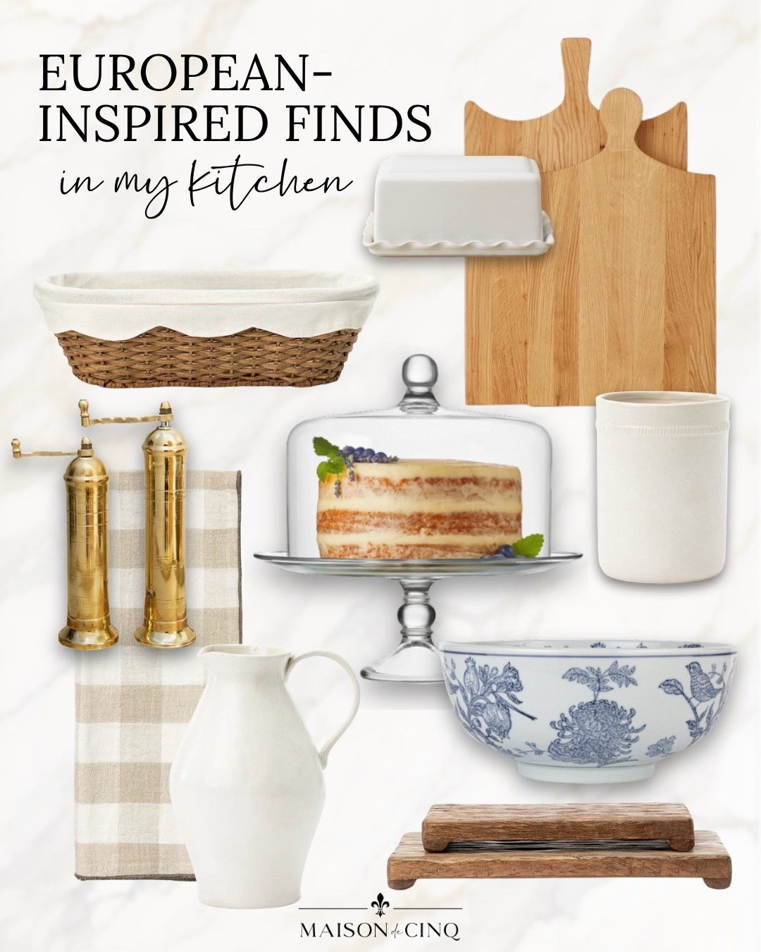 All my fave European-inspired finds I use in my kitchen!

Home decor, kitchen decor, bread board, cake stand, wood pedestal, bread basket, crock, white pitcher