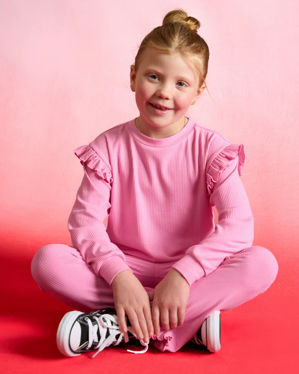 Sweet Pink Ribbed Flutter Crewneck | Little Sleepies