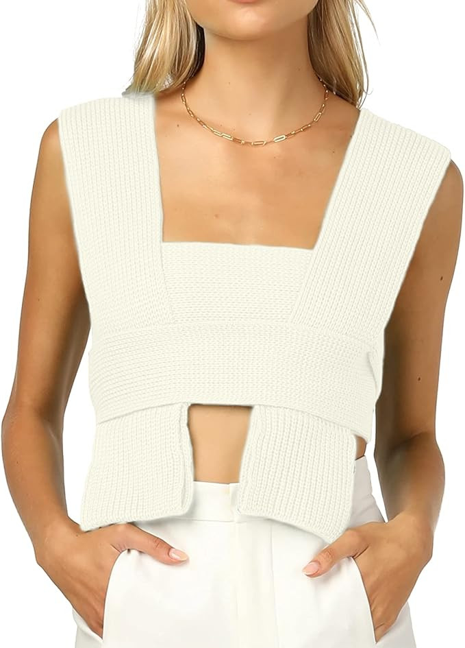 Women’s Crop Sweater Top Sleeveless Tie Strappy Backless Knitted V Neck Casual Jumper Crop Tank... | Amazon (US)