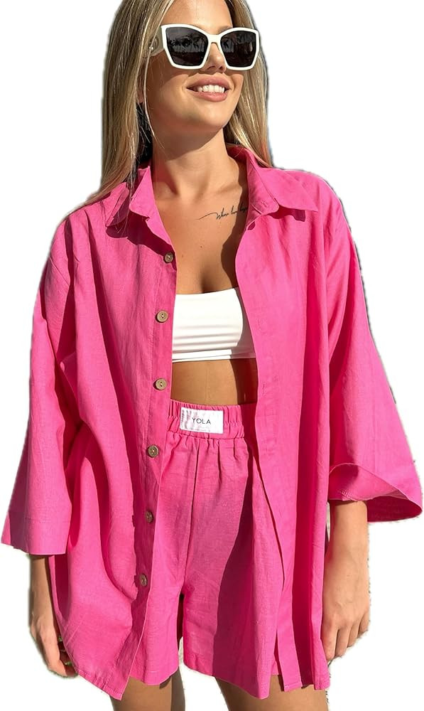 YOLA 2 Pieces Outfit for Women: Organic Linen-Cotton Oversized Shirt, Shorts - Trendy 2024 Summer... | Amazon (US)