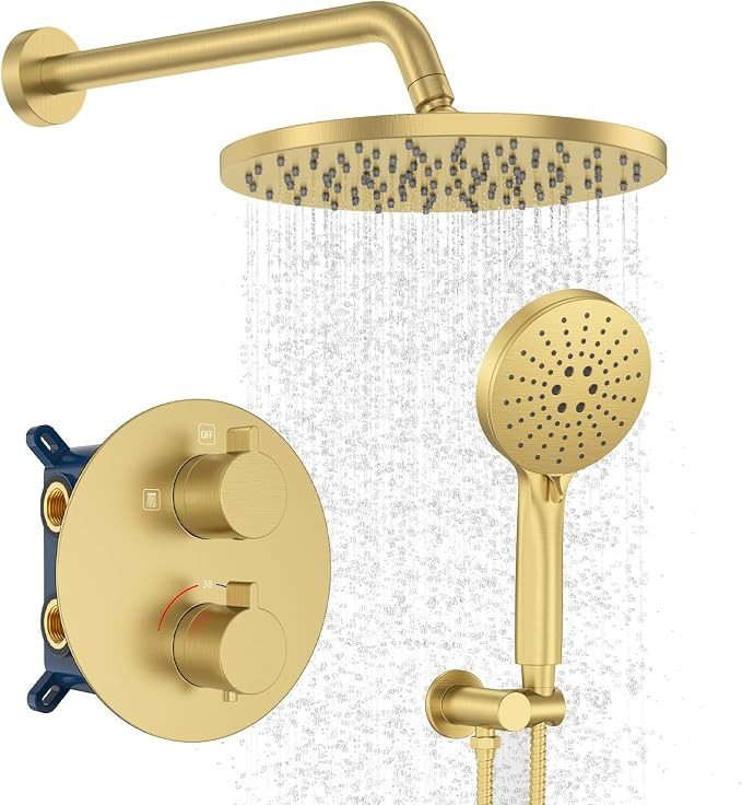 Thermostatic Shower System Wall Mount with 10 Inch Roud Rainfall Shower Head and Handheld,Shower ... | Amazon (US)