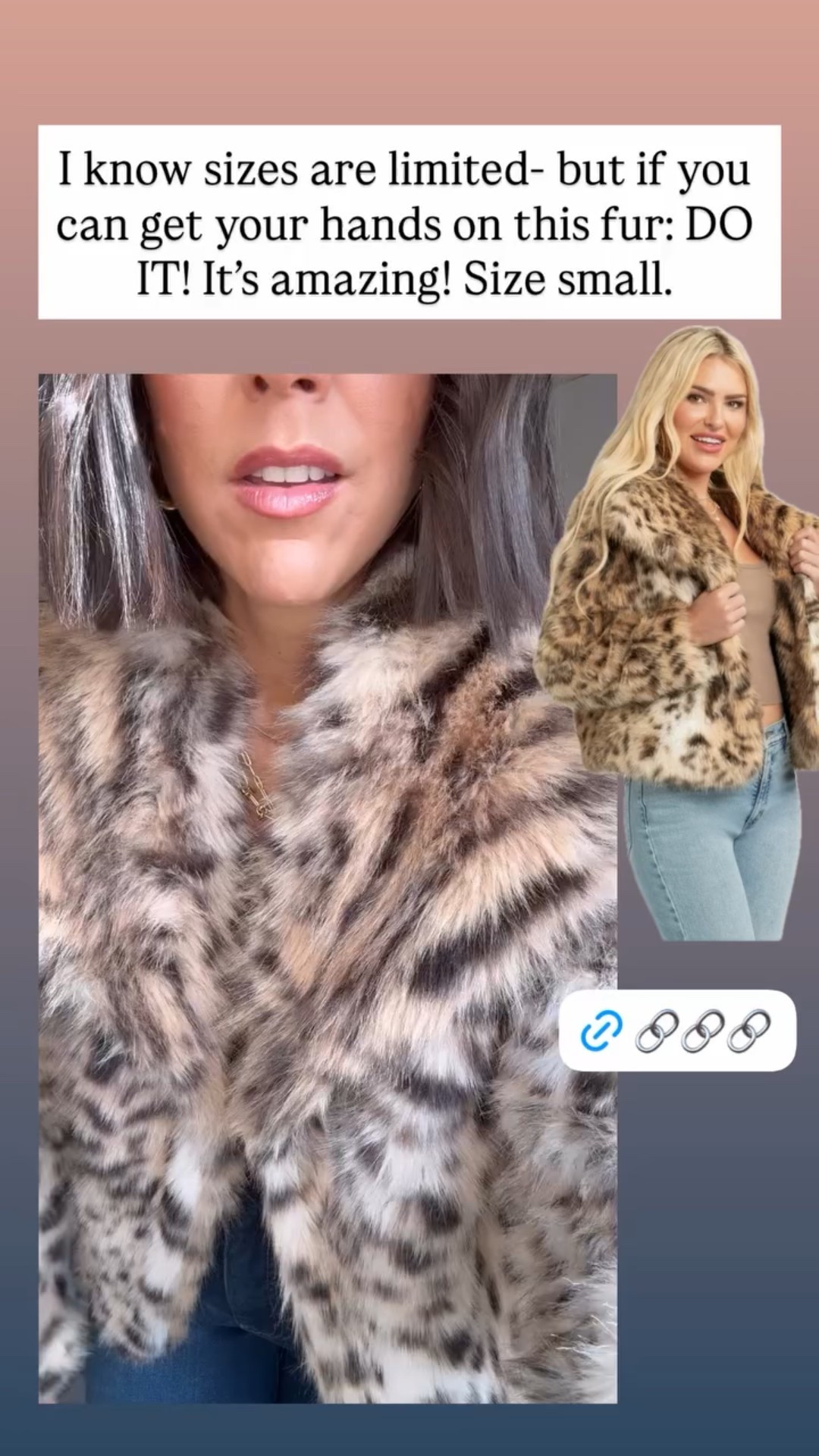 I know sizes are limited- but if you can get your hands on this fur: DO IT! It’s amazing! Size small.