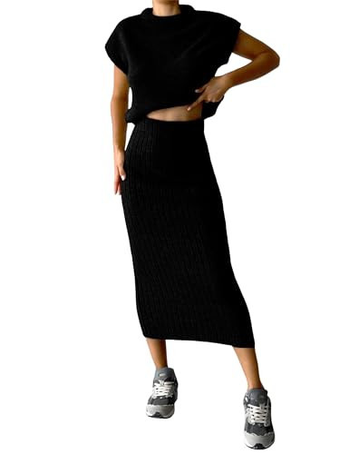 Zhiyouni Women's 2 Piece Sweater Sets Outfits Knit Vest Pullover Bodycon Maxi Skirts Loungewear(Black-S) | Amazon (US)