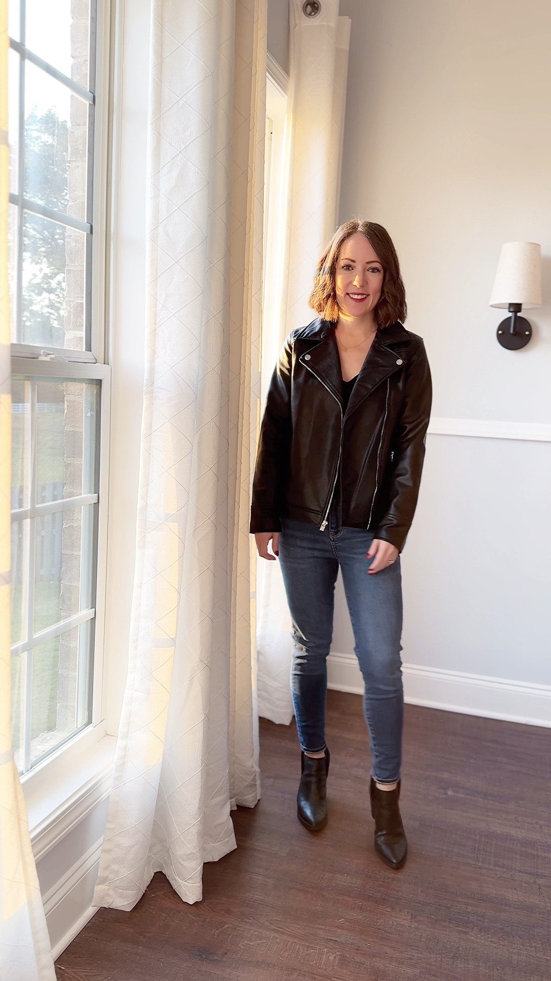 Wearing size girls XL in this moto jacket from Target and I’ve also linked an affordable women’s version as well  