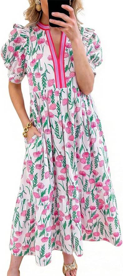 Womens Boho Floral Dresses Summer Casual V Neck Puff Sleeve Long Dress Ruffle Tiered Swing Beach ... | Amazon (US)