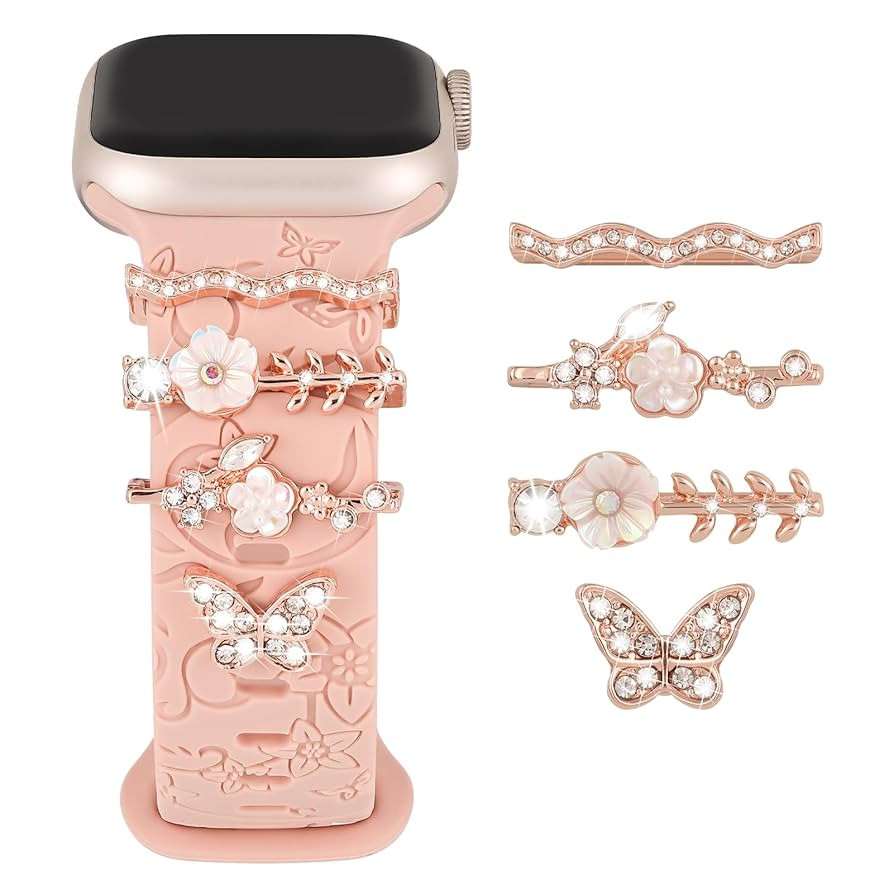 Charm+Band for Apple Watch Bands 40mm 41mm 38mm 44mm 45mm 46mm 42mm Women Men,Floral Engraved Sil... | Amazon (US)