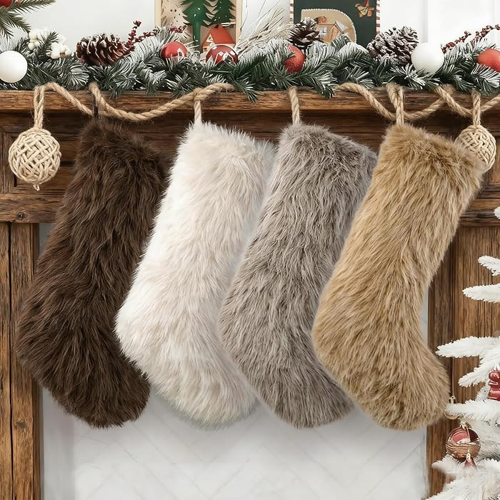 4 Pcs Christmas Plush Stockings 18 Inch Large Faux Fur Xmas Stocking Neutral Colors of White Brow... | Amazon (US)