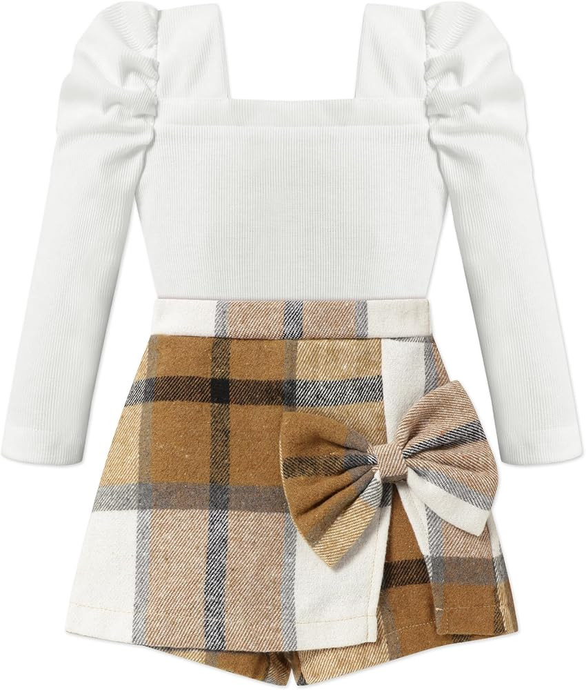 Toddler Girl Clothes Square Neck Puff Sleeve Top and Skort Set 2PCS Fall Winter Girls Outfits | Amazon (US)