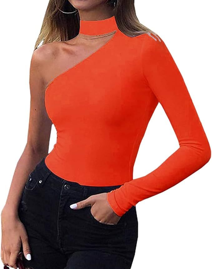 GEMBERA Women’s Sexy Off One Shoulder Cut Out Long Sleeve Stretchy Bodycon Leotard Bodysuit | Amazon (US)