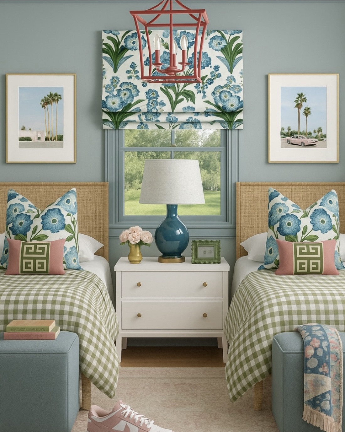 Bedroom inspo, girl’s bedroom, twin bedroom, rattan bed, pink pendant light, turquoise lap, green check bedding, pink lumbar, blue and green floral pillow, Thibaut Roman shade, turquoise ottoman, pink rug, white bamboo nightstand, pink Nike sneakers, palm tree art

#LTKSaleAlert #LTKHome #LTKKids