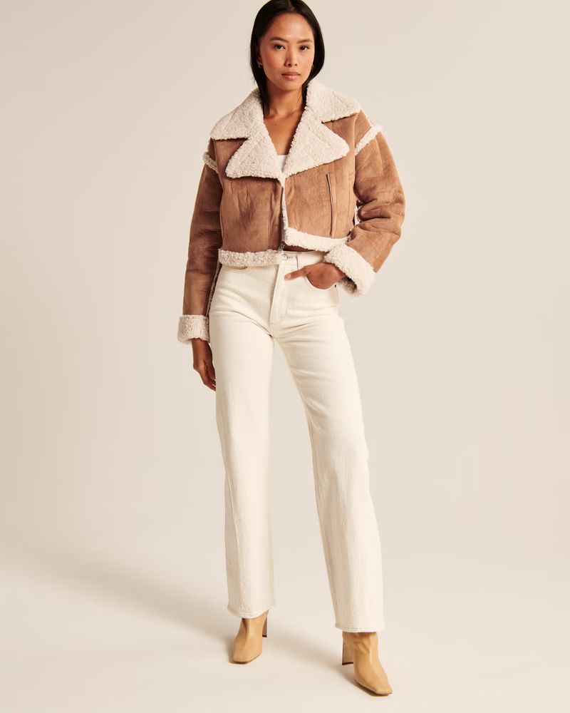 Women's Cropped Vegan Suede Shearling Jacket | Women's New Arrivals | Abercrombie.com | Abercrombie & Fitch (US)