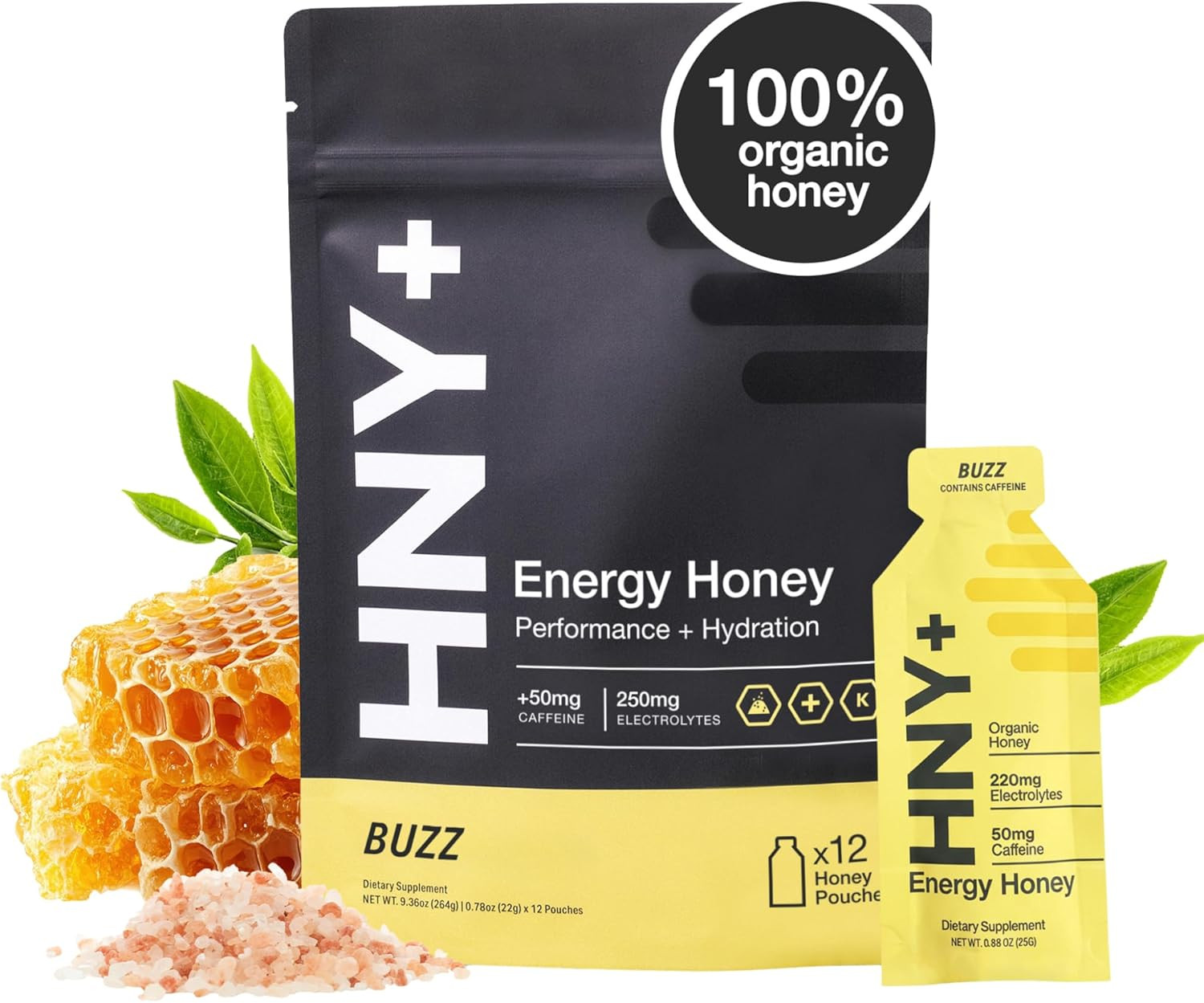 HNY+ Buzz Organic Honey Energy Gel with Electrolytes, Magnesium, Sea Salt, Potassium & Green Tea ... | Amazon (US)