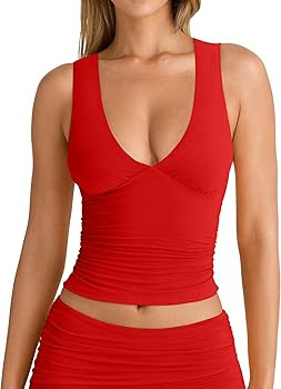 YFANG Women's Summer Deep V-Neck Ruched Crop Tank Top Sexy Sleeveless Double Lined Crop Top | Amazon (US)