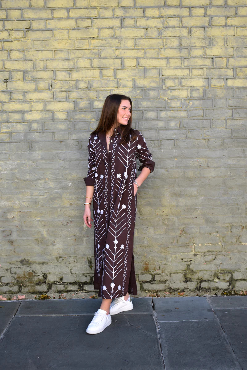 Elizabeth Embroidered Maxi Dress Brown/White | Madison Mathews