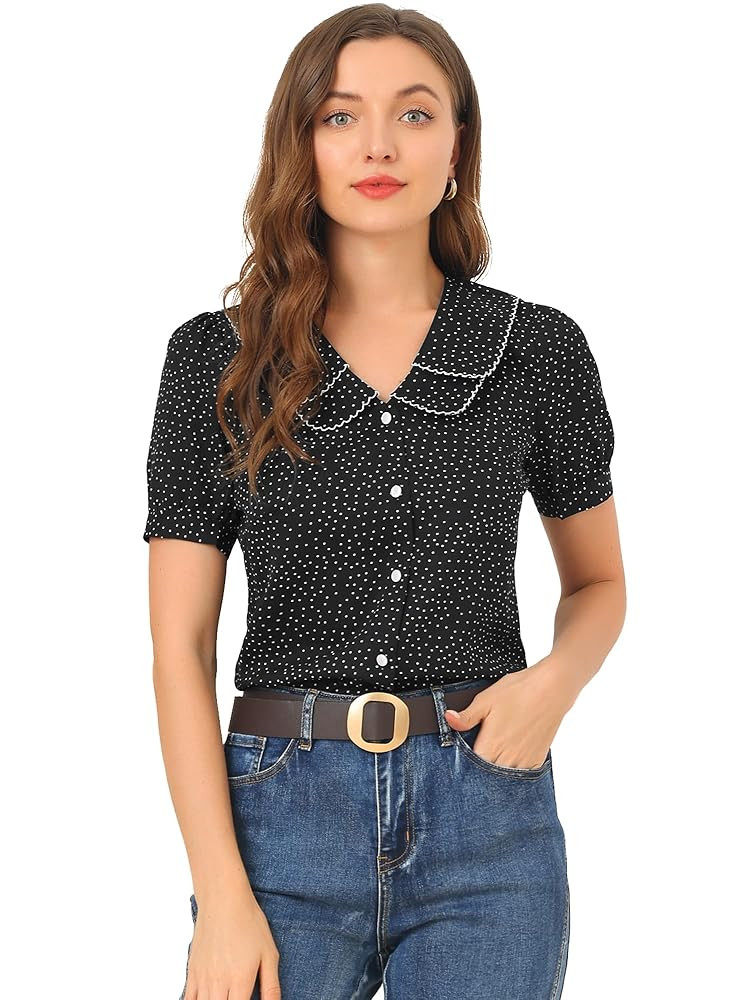 Allegra K Women's Vintage Polka Dots Peter Pan Collar Puff Short Sleeve Shirt Top | Amazon (US)