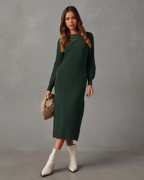Robin Balloon Sleeve Sweater Midi Dress - Hunter Green | VICI