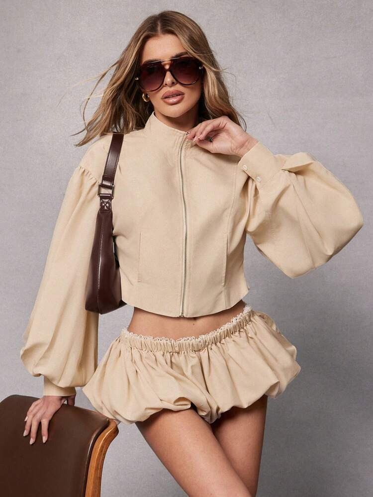 Hauture Vintage Plaid Zip Design Lapel Long Sleeve Top And Ruffle Hem Shorts 2 Pieces Set, Fashionable | SHEIN